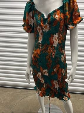 Pretty Garden  Floral Smocked Puff-Sleeve Dress in Green, Orange  & White